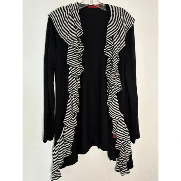 RED Black Open Front Cardigan Striped Ruffle Trim Long Sleeve Large - Picture 3 of 5